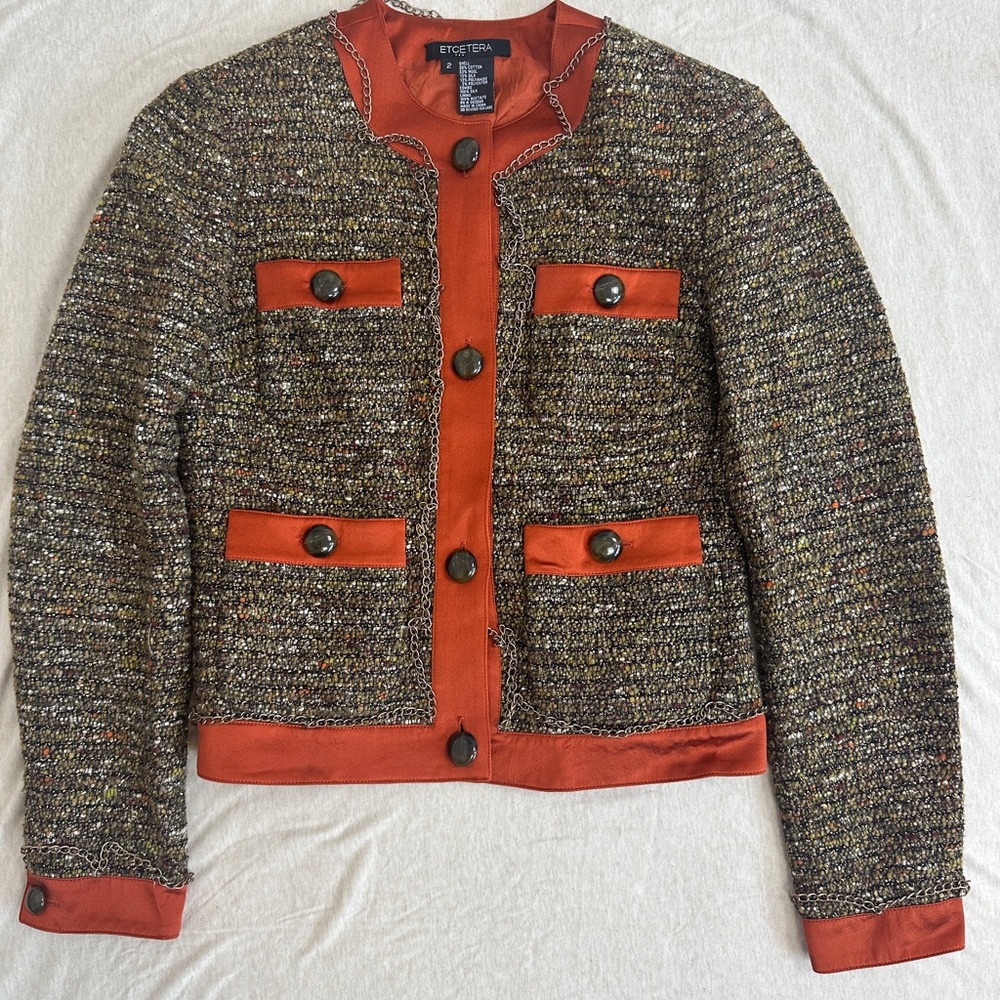 Y2K Women's Vintage Tweed Jacket - Brown and Orange